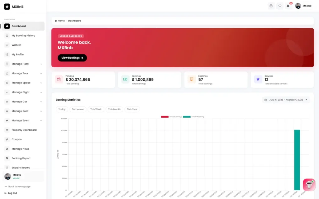 Airbnb Clone Vendor Earnings Dashboard