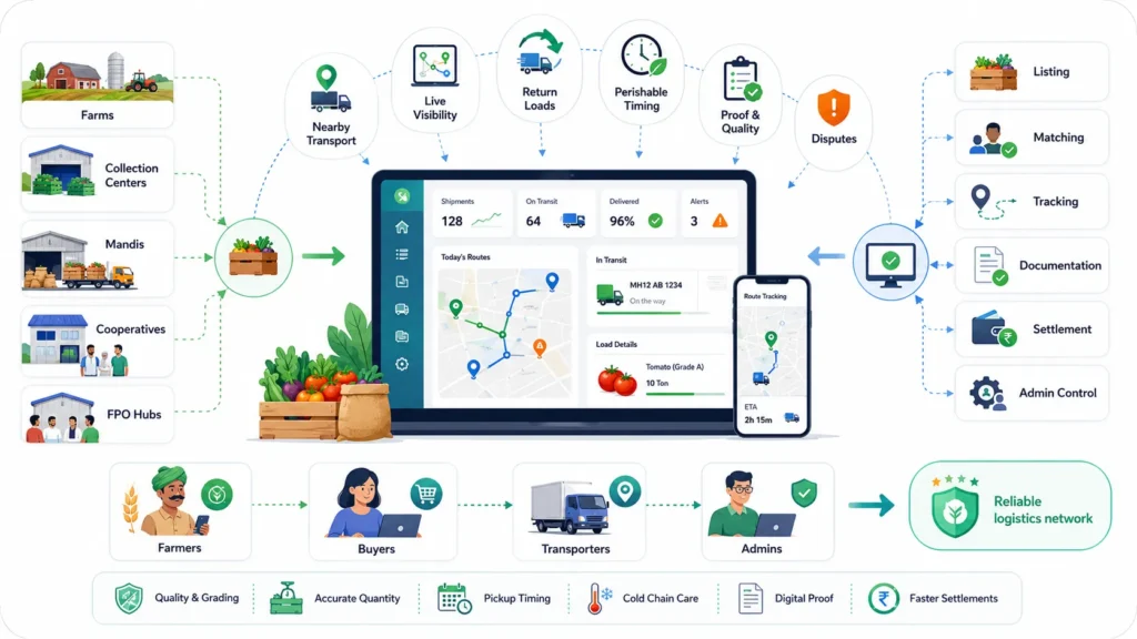 Agricultural logistics platform connecting farmers, buyers, transporters, mandis, cooperatives, tracking, and settlements
