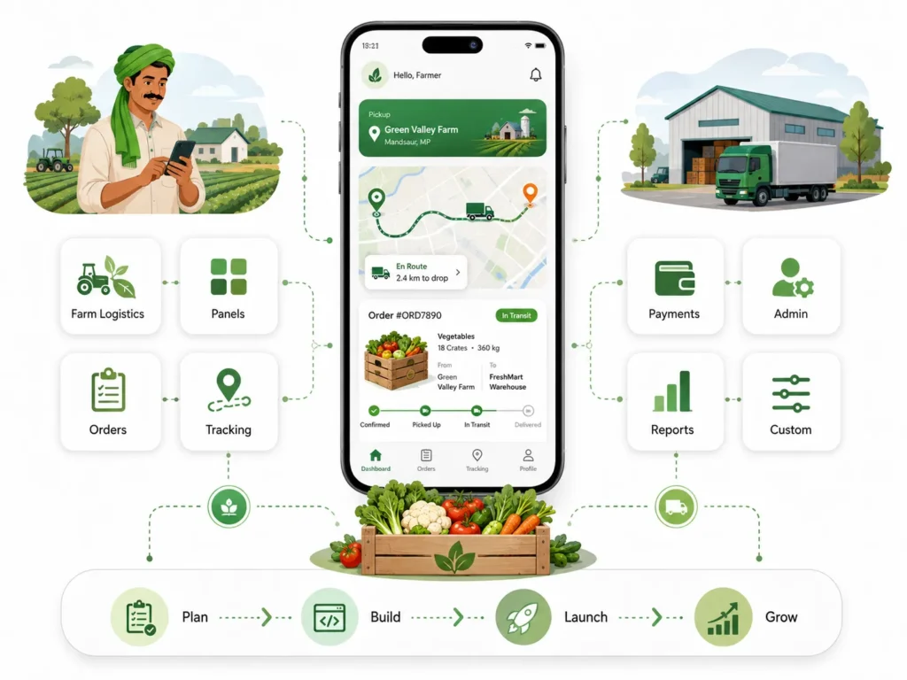 Why AgriTech Startups Choose an AgriMove Clone Over Custom Platform Development 2 AgriMove clone farm logistics platform showing farmer orders, produce shipment tracking, payments, admin controls, reports, and customization