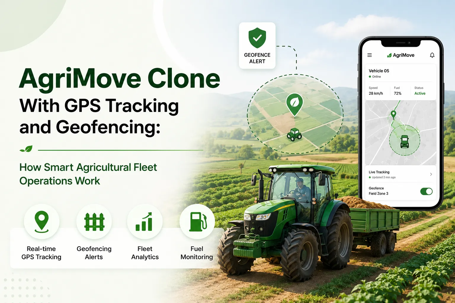 AgriMove clone with GPS tracking and geofencing for smart agricultural fleet operations