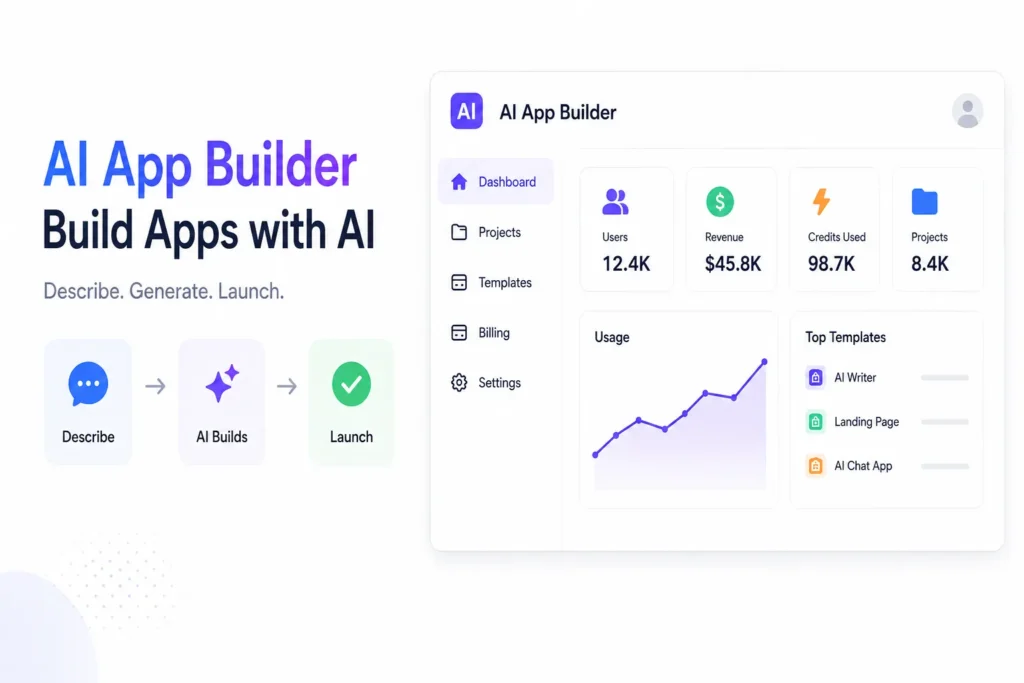 Ready-Made vs Custom AI App Builder Development: What Should AI Startups Choose? 1 AI app builder dashboard showing how startups can describe an idea, generate an AI-powered app, and launch it quickly.
