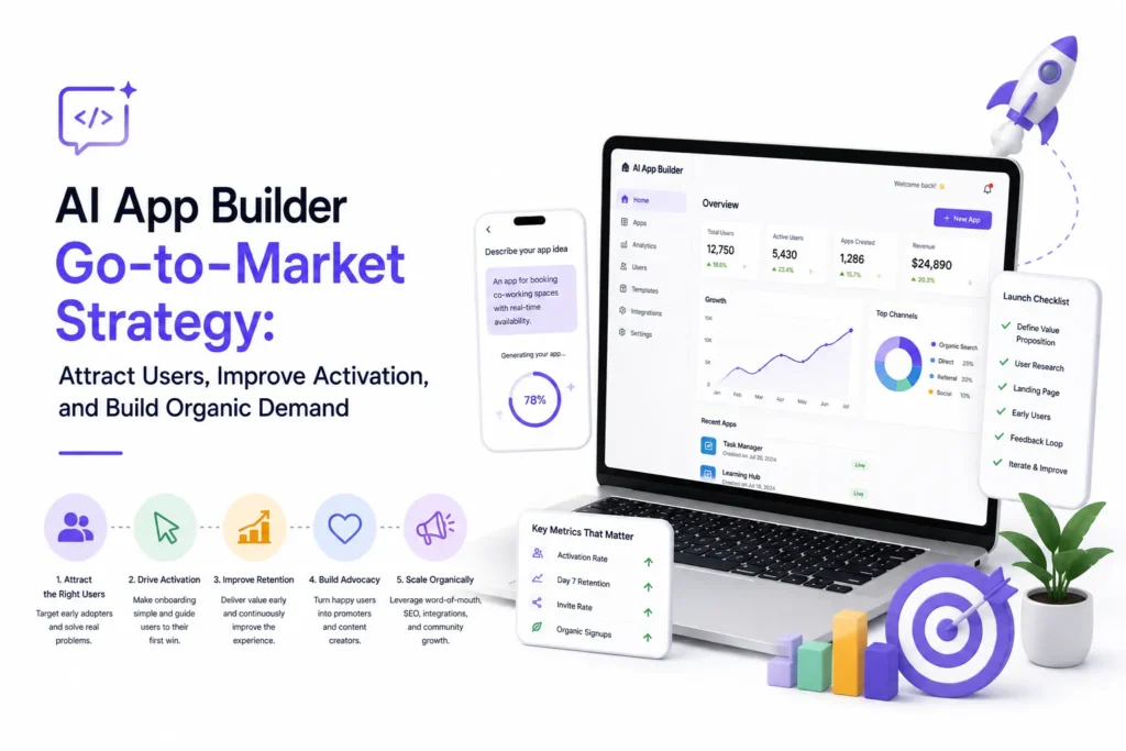 AI app builder go-to-market strategy showing user activation, organic demand, and product-led growth funnel