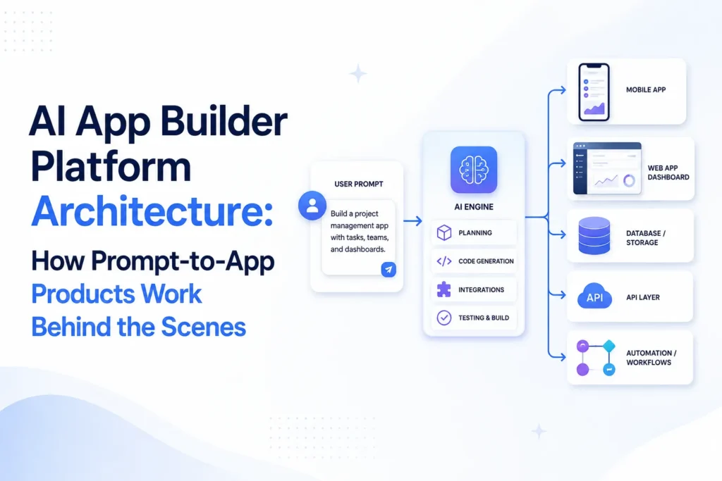 AI app builder platform architecture showing a user prompt processed by an AI engine for planning, code generation, integrations, testing, mobile apps, web dashboards, databases, APIs, and automation workflows