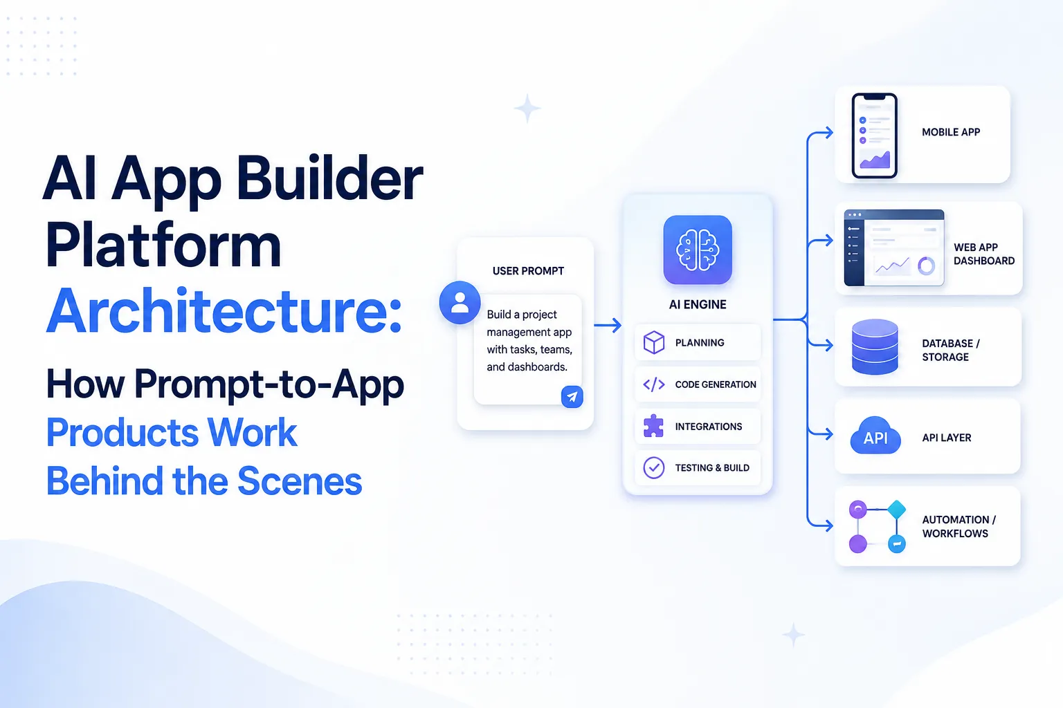 AI app builder platform architecture showing a user prompt processed by an AI engine for planning, code generation, integrations, testing, mobile apps, web dashboards, databases, APIs, and automation workflows