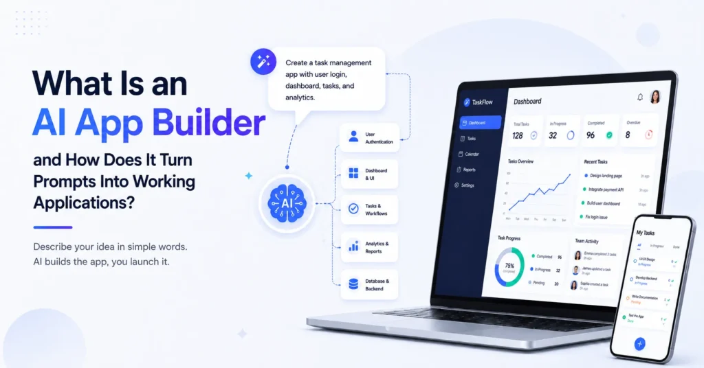 AI app builder turning natural language prompts into working applications with authentication, dashboards, workflows, analytics, and backend systems