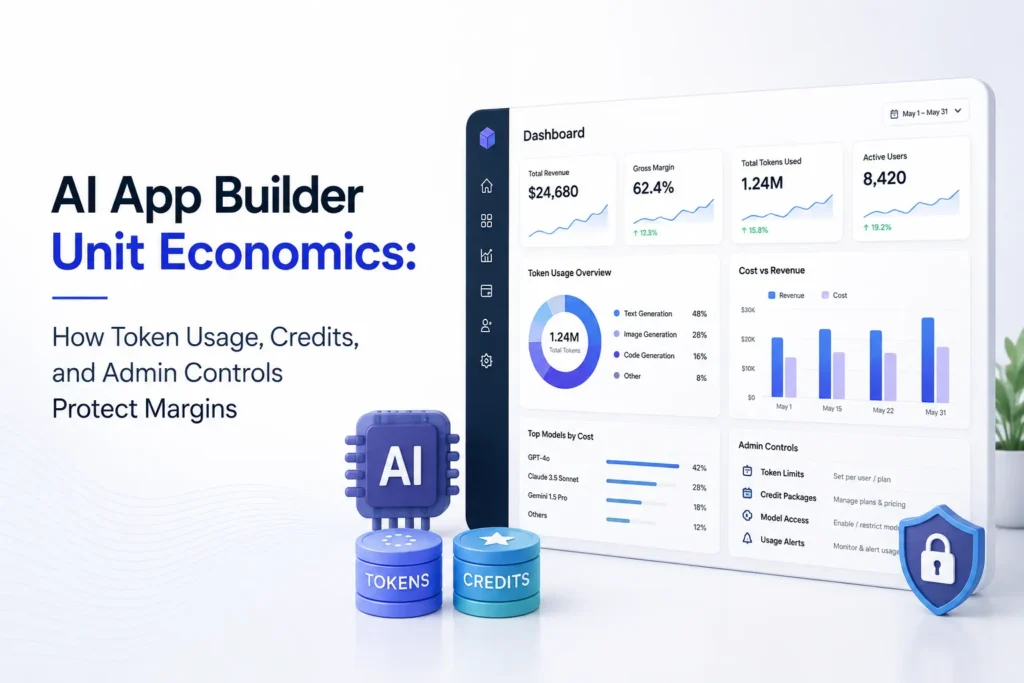 AI app builder unit economics dashboard showing token usage, credits, revenue, costs, margins, model usage, and admin controls