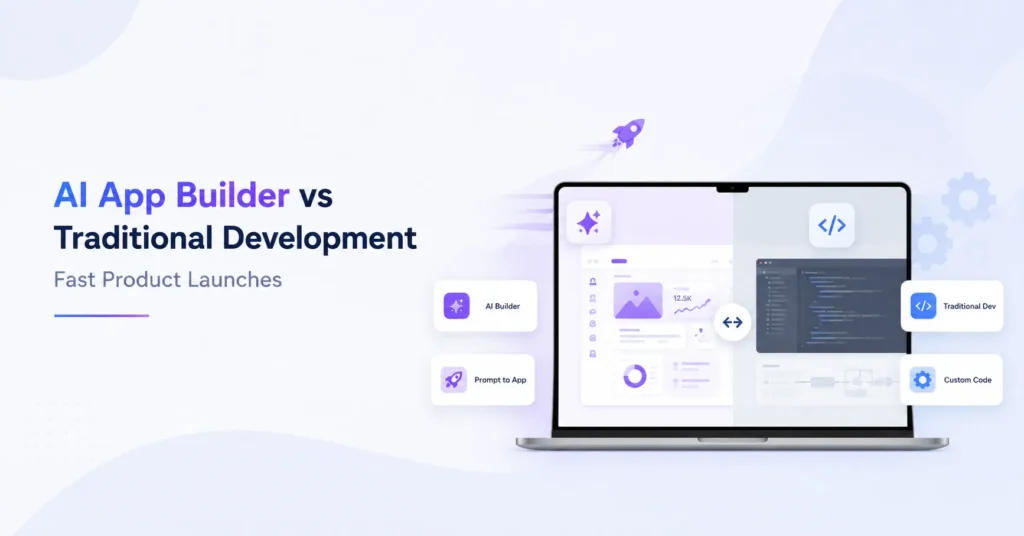 AI app builder vs traditional development comparison for fast product launches, prompt-based app creation, and custom coding