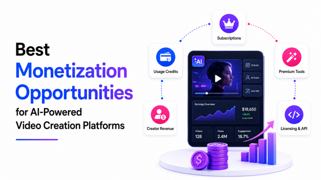 AI-powered video creation platform monetization opportunities including subscriptions, usage credits, premium tools, creator revenue, and API licensing