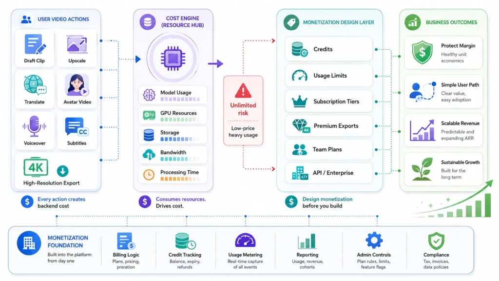 What Are the Best Monetization Opportunities for AI-Powered Video Creation Platforms? 1 AI video platform monetization model showing usage-based costs, credits, subscriptions, premium exports, team plans, and API access