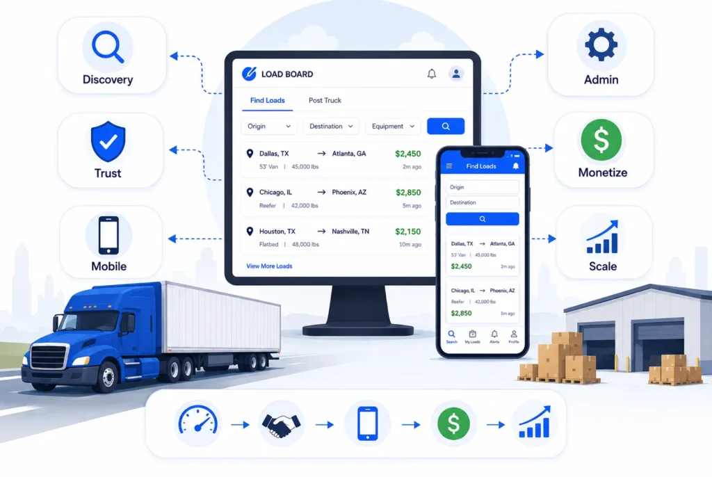 Best Load Board Software 2026: Launch a Scalable Freight & Trucking Platform 1 Best load board software 2026 showing freight discovery, carrier trust, mobile access, admin controls, monetization, and scalable growth