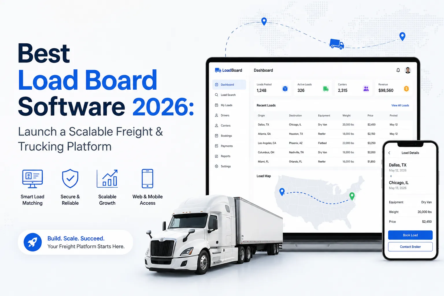 Best load board software 2026 featuring smart load matching, carrier management, freight tracking, web and mobile access