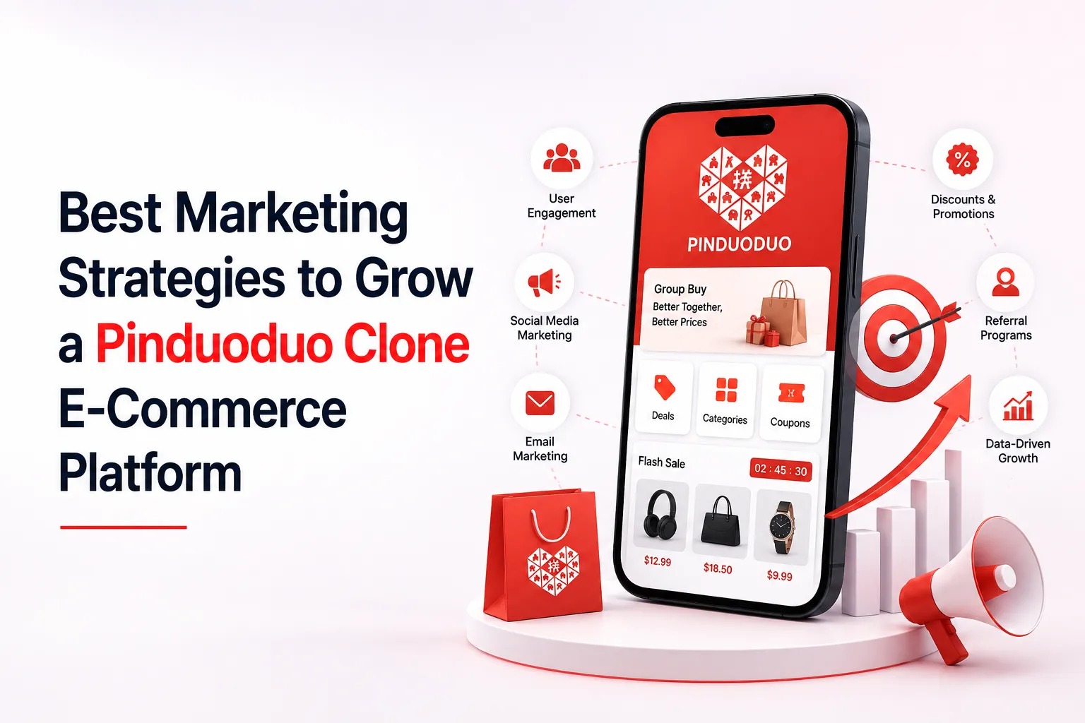 Best marketing strategies to grow a Pinduoduo clone e-commerce platform through social media, influencer marketing, referrals, discounts, email campaigns, and data-driven growth