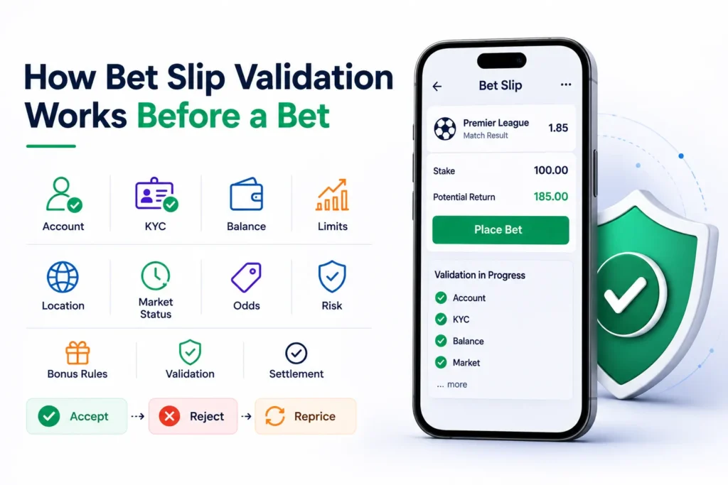 How Does a Sports Betting Platform Manage Odds, Markets, Bets, and Payouts in Real Time? 1 Bet slip validation workflow checking account, KYC, balance, limits, location, market status, odds, risk, and bonus rules before accepting a bet.