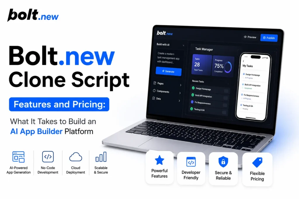 Bolt.new clone script features and pricing for building an AI app builder platform