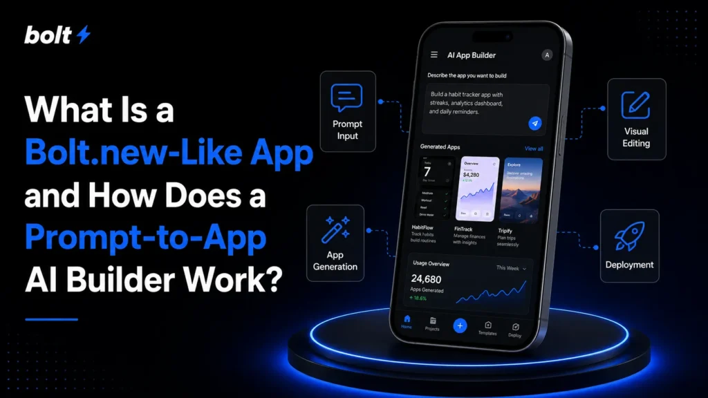 Bolt.new-like app showing prompt-to-app AI builder workflow with code generation and live preview