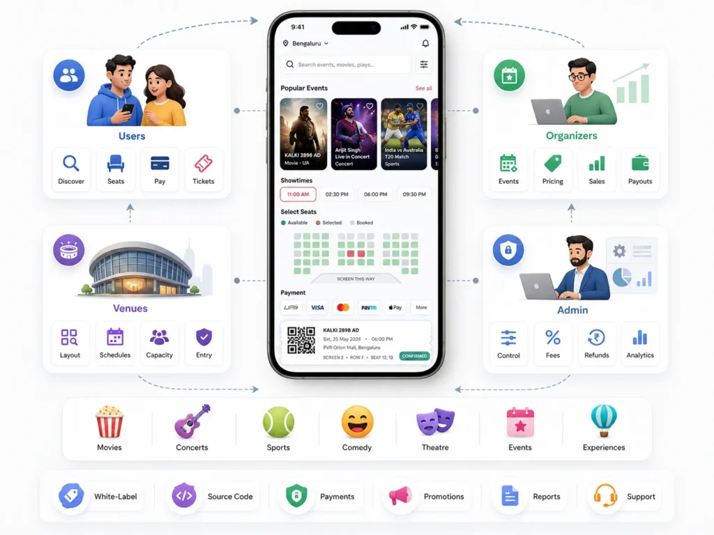 BookMyShow clone platform connecting users, event organizers, venues, and administrators through ticket booking and management workflows