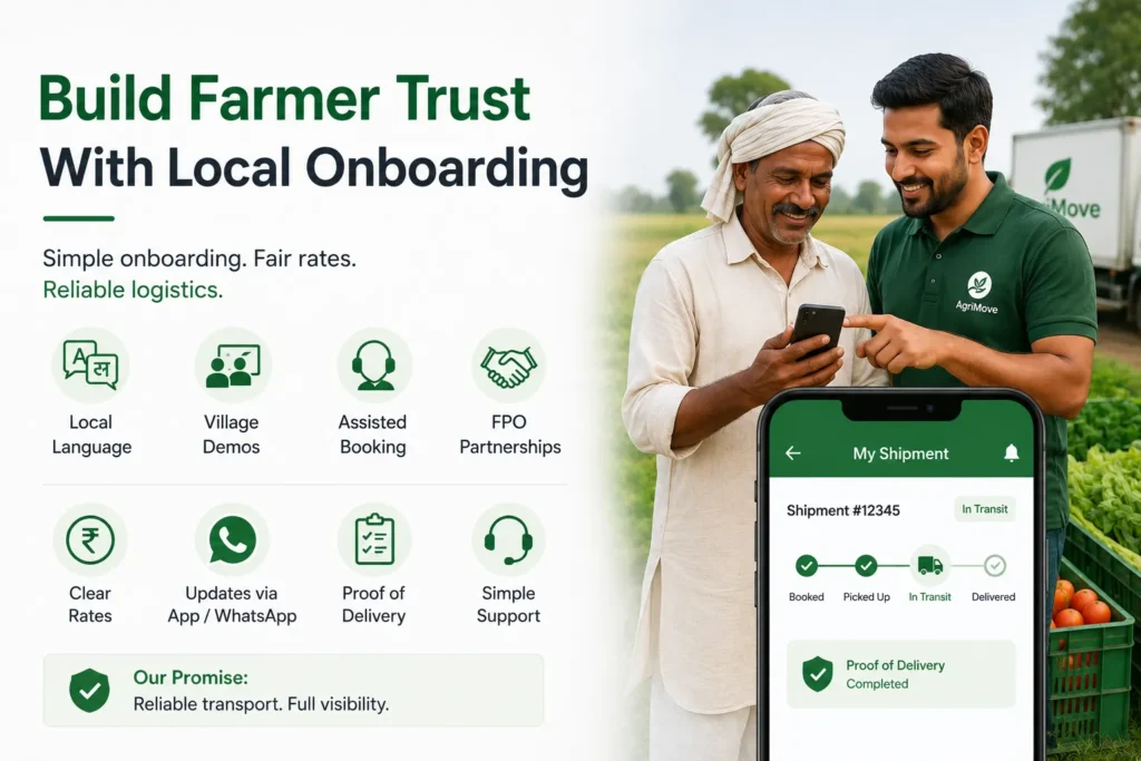 Build farmer trust with local onboarding, assisted booking, clear rates, proof of delivery, and FPO partnerships.