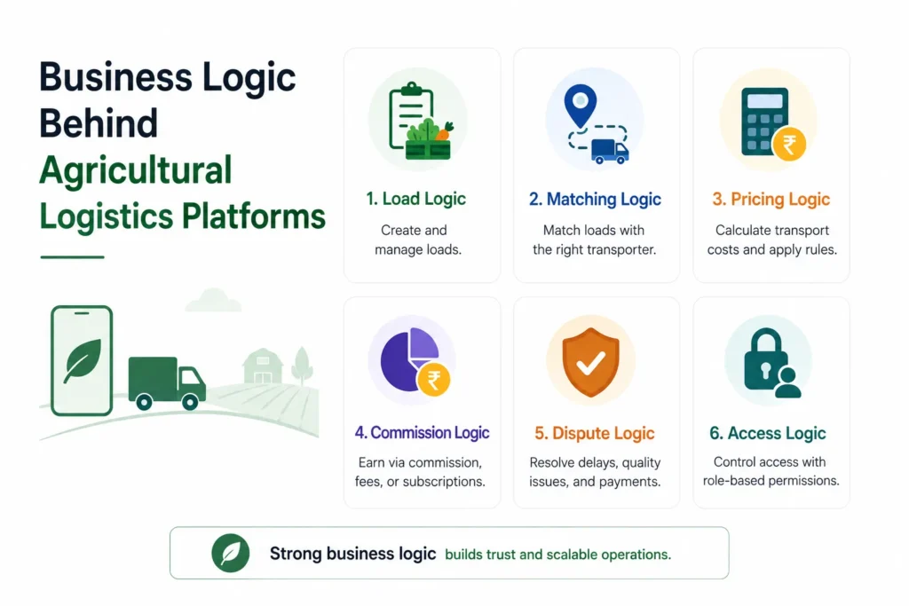 How Agricultural Logistics Platforms Work: Farm-to-Market Workflows, Users, and Business Logic. 2 Business logic behind agricultural logistics platforms including load management, matching, pricing, commissions, disputes, and access control.