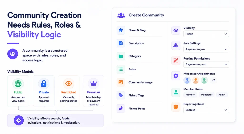 Why Building a Community Discussion Platform From Scratch Takes Longer Than Founders Expect 1 community discussion platform development creation system showing rules, member roles, visibility settings, posting permissions, moderator assignments, and access controls