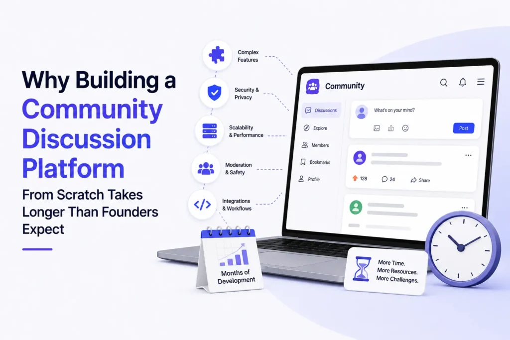 Building a community discussion platform from scratch showing complex features, security, scalability, moderation, integrations, and longer development time