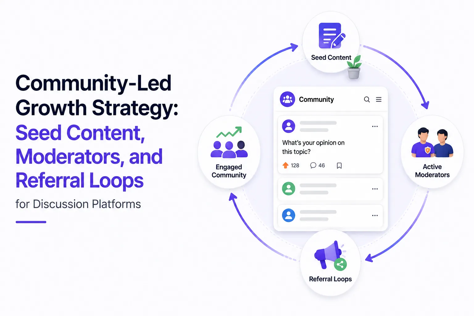 community-led growth strategy showing seed content, active moderators, referral loops, and an engaged discussion platform community
