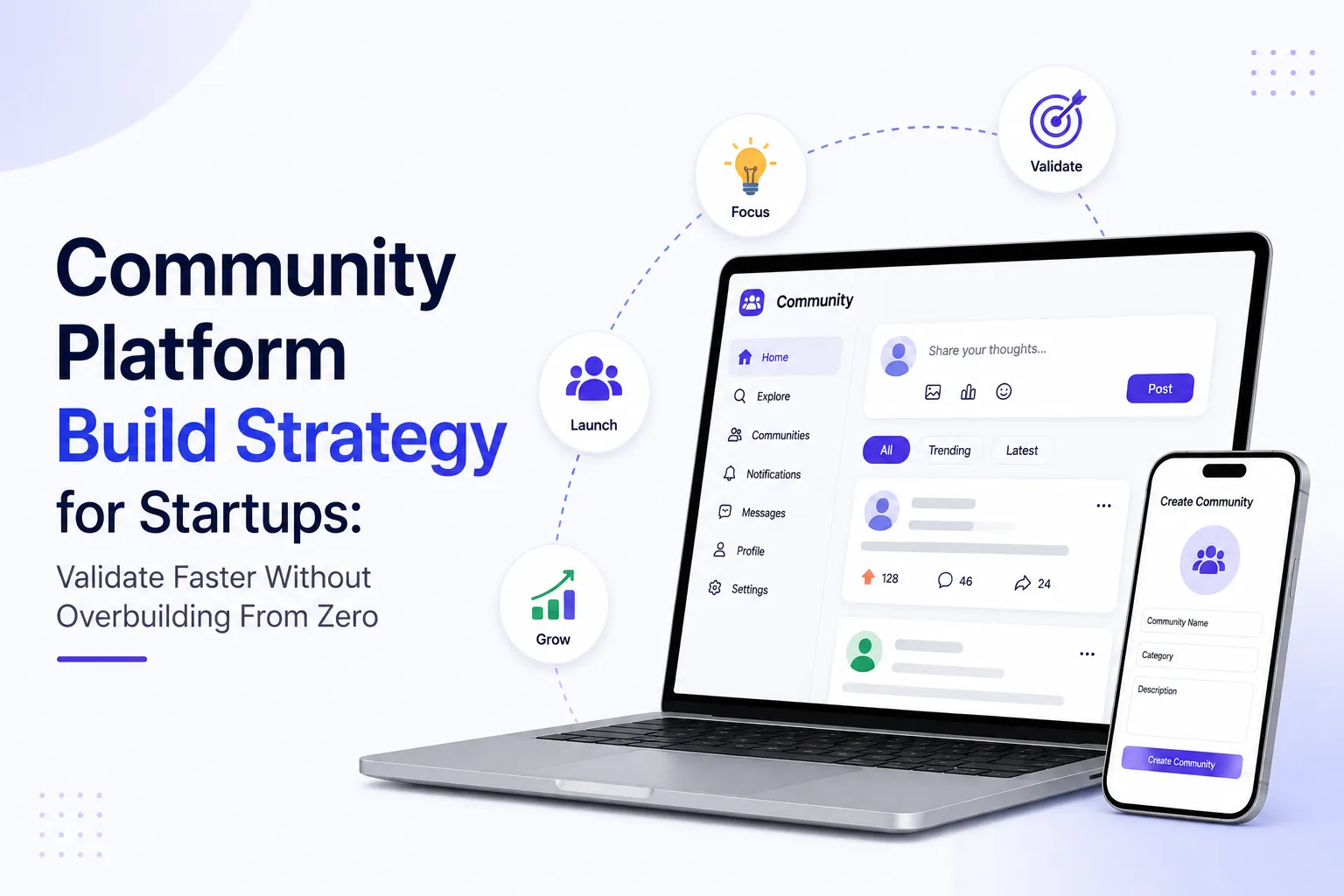Community platform build strategy for startups showing launch, validation, growth, and focused development without overbuilding from zero