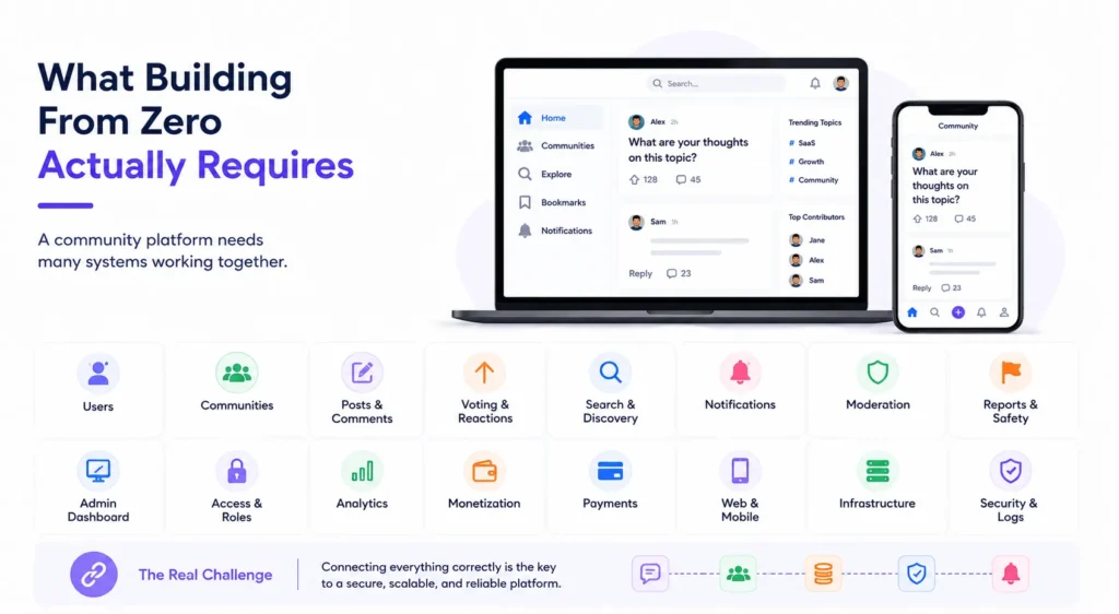 Community Platform Build Strategy for Startups: Validate Faster Without Overbuilding From Zero 1 Community platform development requirements showing users, communities, posts, voting, search, notifications, moderation, analytics, payments, infrastructure, and security