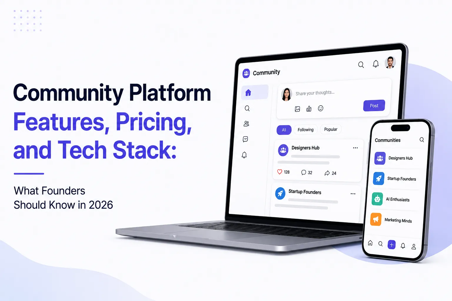 Community platform features, pricing, and tech stack visual showing web and mobile discussion platform interfaces for founders in 2026