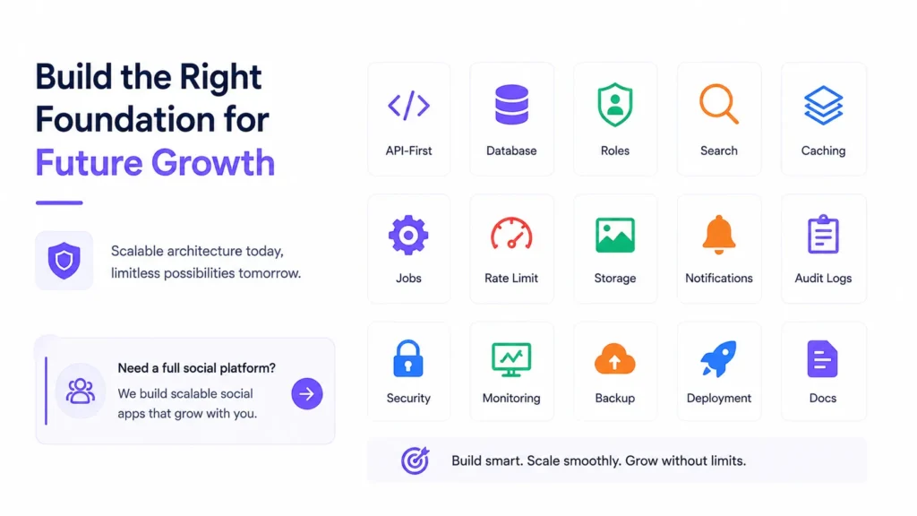 Why Building a Community Discussion Platform From Scratch Takes Longer Than Founders Expect 2 Community platform architecture for future growth showing APIs, database, roles, search, caching, security, monitoring, backups, and deployment