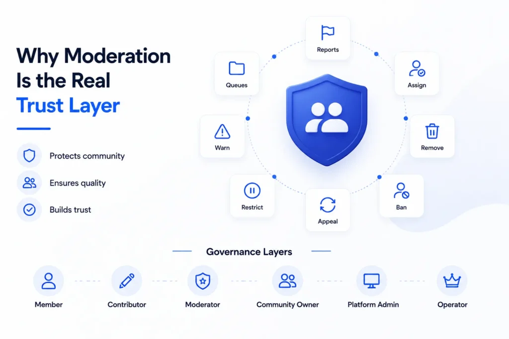 How Community-Driven Platforms Work: Posts, Voting, Moderation, and Member Governance 2 Community platform moderation trust layer showing reports, queues, warnings, restrictions, appeals, bans, role assignments, and governance controls