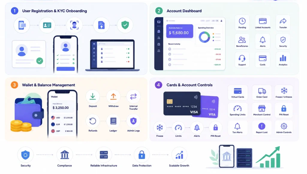 What Features Should a Modern Fintech Platform Include for Banking, Payments, and Investments? 1 Core banking features for a fintech platform including KYC onboarding, account dashboard, wallet management, transfers, cards, security, compliance, and analytics
