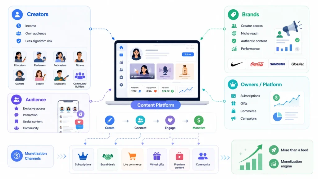 Content creation platform ecosystem connecting creators, brands, audiences, monetization, subscriptions, and community engagement