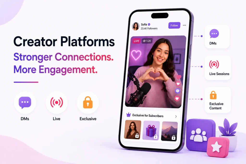 Creator platform improving fan engagement through DMs, live sessions, exclusive content, and subscriber interactions