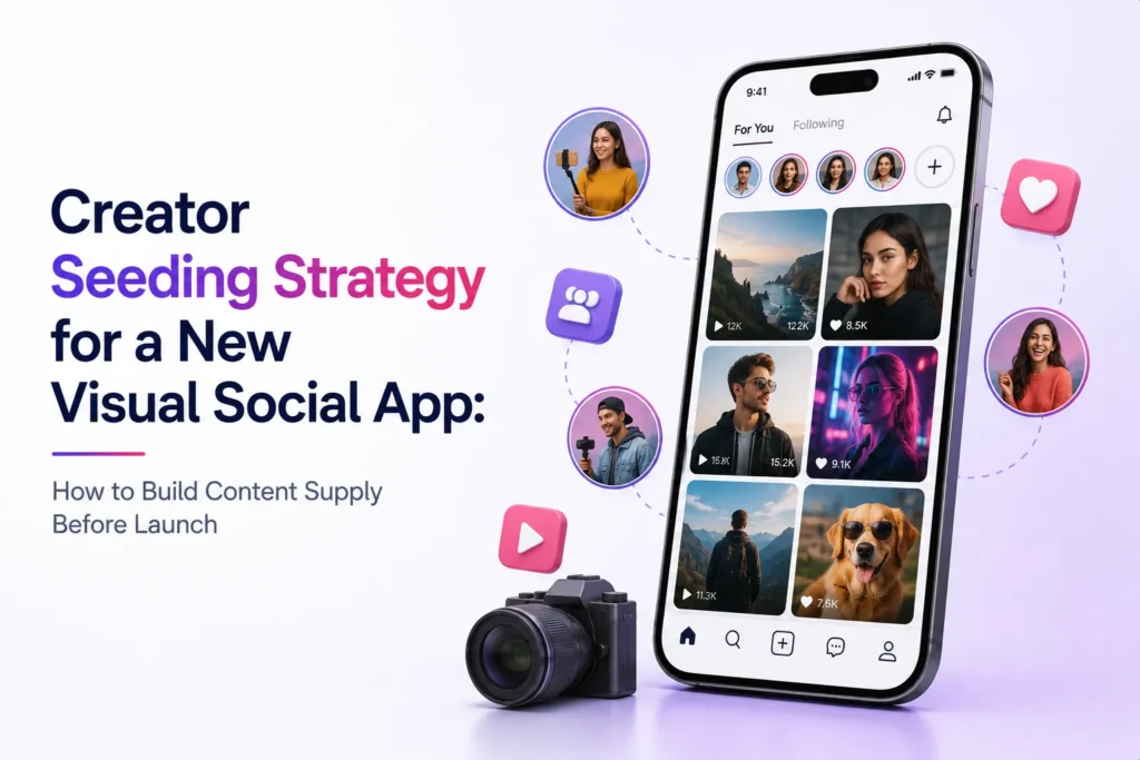 Creator seeding strategy for a new visual social app showing early creators, content supply, social posts, and audience engagement