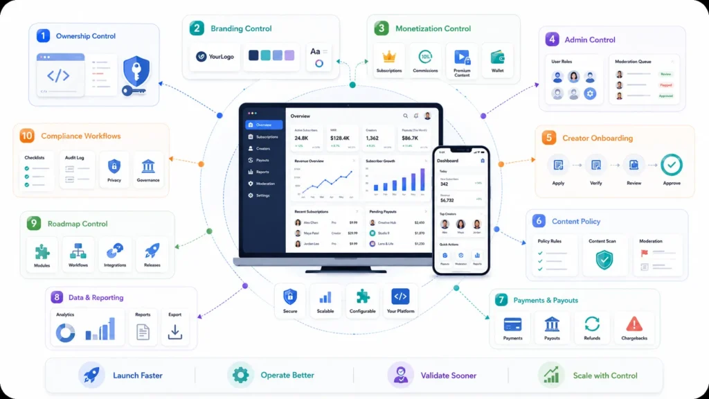 Ready-Made Creator Subscription Platform vs Custom Development: Which Gives Founders Better Control? 1 Creator subscription platform control features including ownership, branding, monetization, admin management, creator onboarding, content policy, payments, analytics, roadmap, and compliance workflows