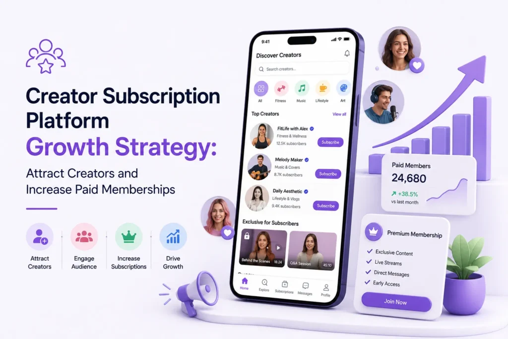 Creator subscription platform growth strategy focused on attracting creators, engaging audiences, increasing paid memberships, and driving recurring platform growth
