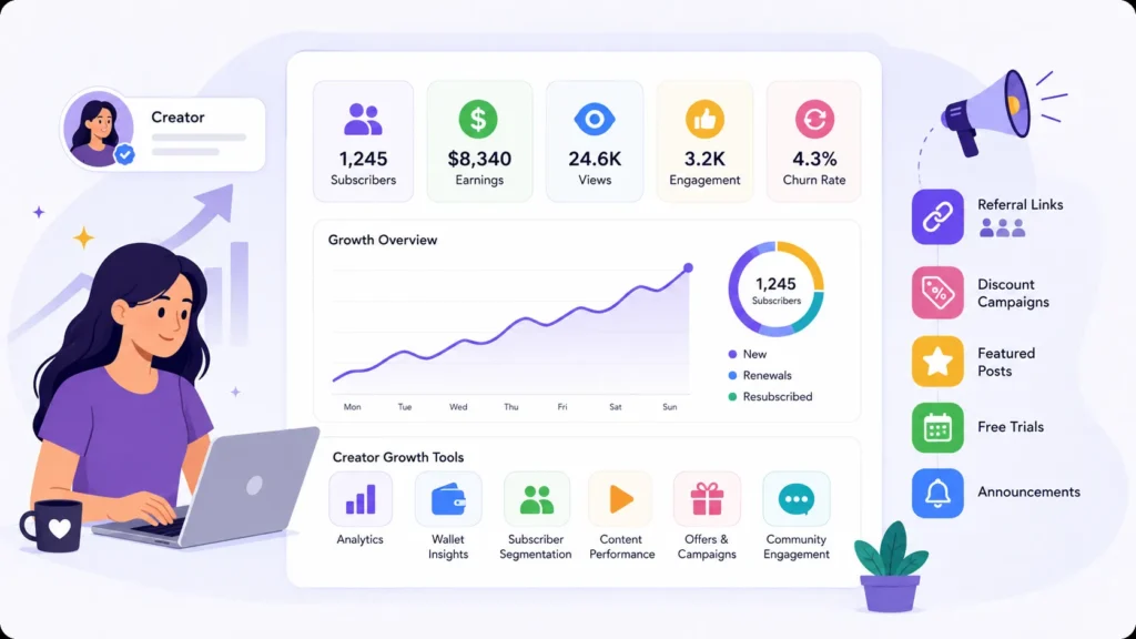Creator Subscription Platform Growth Strategy: Attract Creators and Increase Paid Memberships 2 Creator subscription platform growth tools showing subscriber analytics, earnings, engagement, churn, referral links, campaigns, free trials, and community engagement
