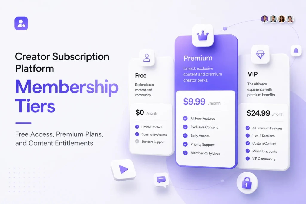 Creator subscription platform membership tiers showing free, premium, and VIP plans with content entitlements and access levels