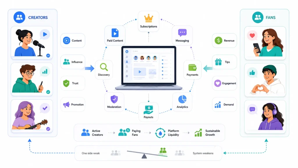 Creator Subscription Platform Growth Strategy: Attract Creators and Increase Paid Memberships 1 Creator subscription platform two-sided growth strategy connecting active creators and paying fans through subscriptions, paid content, messaging, payments, engagement, analytics, and payouts