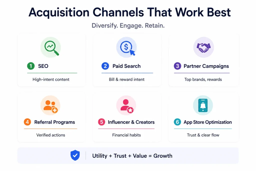 What Go-to-Market Strategy Works Best for a Credit Card Rewards and Bill Payment Platform? 2 Acquisition channels for a credit card rewards platform including SEO, paid search, partnerships, referrals, influencers, and app store optimization.