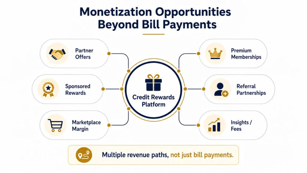 Credit Rewards Platform vs Traditional Credit Card App: Which Offers More Value Beyond Bill Payments? 2 Credit rewards platform monetization showing partner offers, sponsored rewards, premium memberships, referrals, marketplace margins, and insight fees