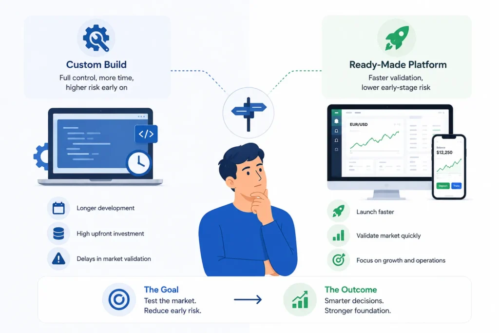 Ready-Made Brokerage Platform vs Custom Trading Platform: Which Is Better for Fintech Startup Validation? 1 Custom build vs ready-made trading platform comparison for faster market validation and lower early-stage risk.
