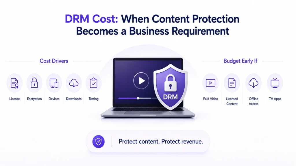DRM cost for video streaming platforms showing licensing, encryption, device support, offline downloads, testing, and premium content protection