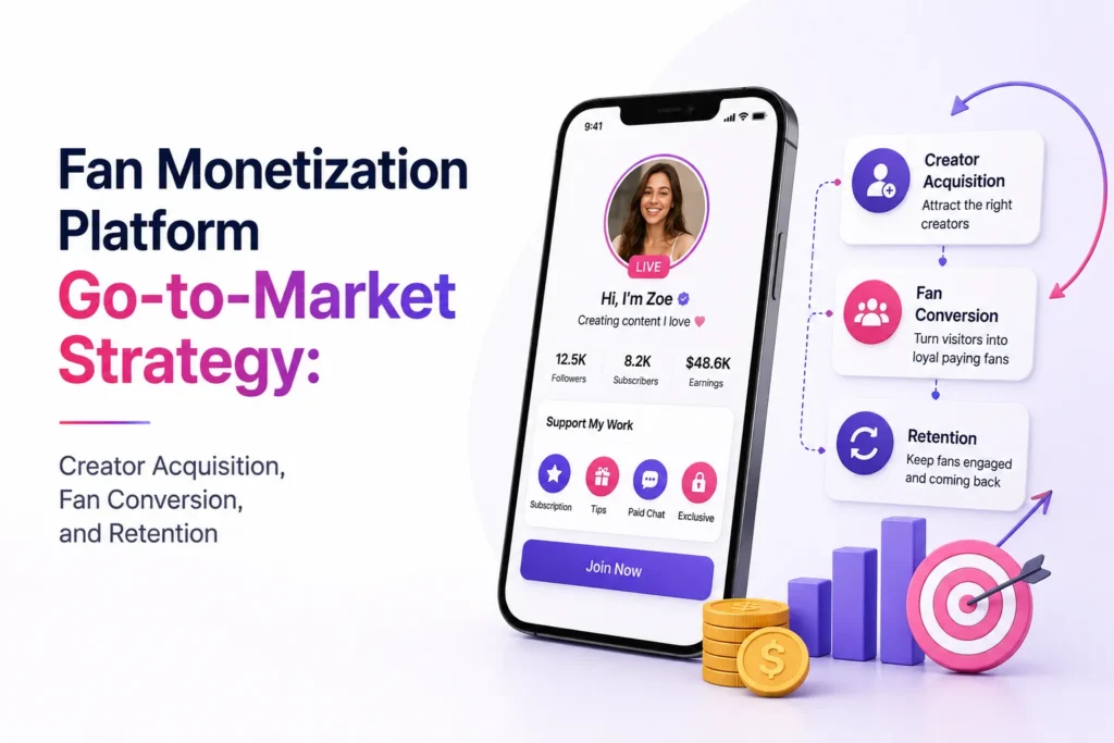 Fan monetization platform go-to-market strategy covering creator acquisition, fan conversion, retention, and platform growth.