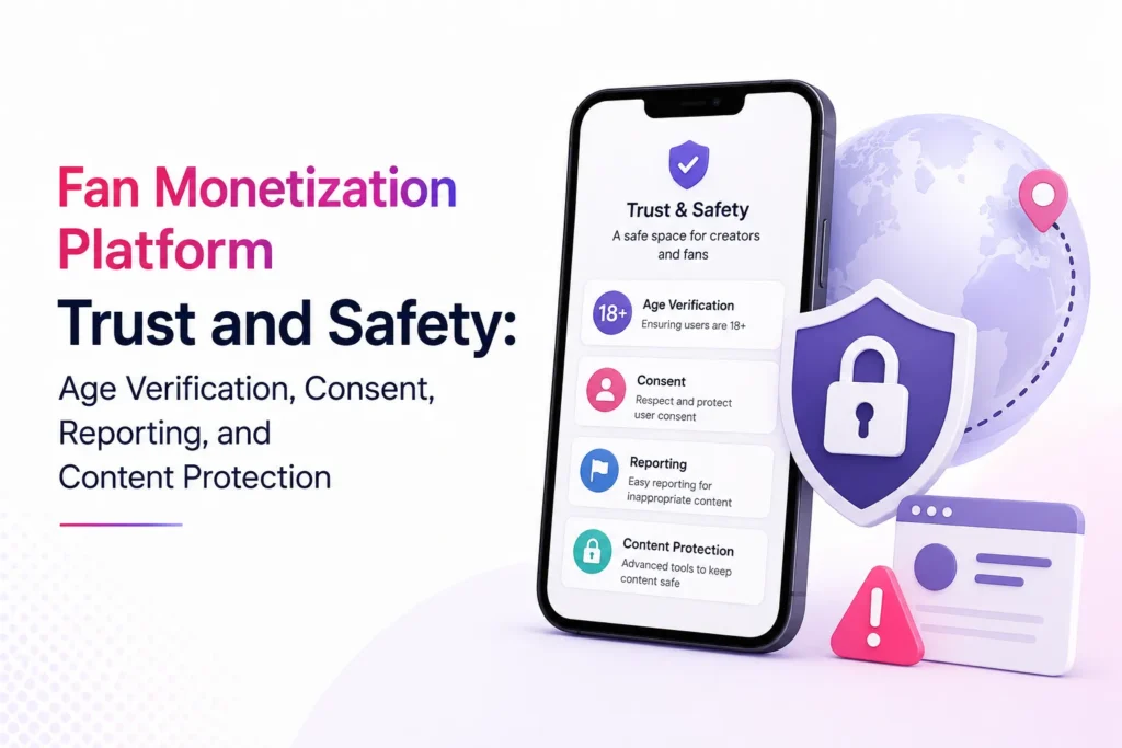 Fan monetization platform trust and safety controls covering age verification, consent, reporting, and content protection.