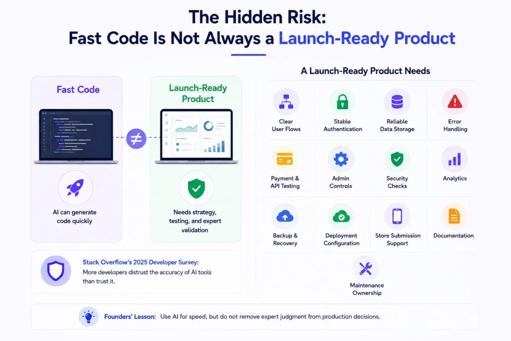 Hidden risks of fast AI-generated code compared with a launch-ready product requiring authentication, security, testing, backups, analytics, and maintenance