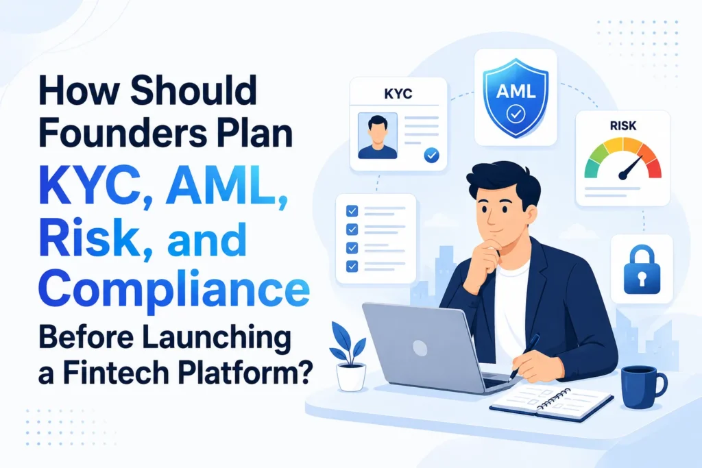 Fintech compliance planning visual highlighting KYC, AML, risk assessment, security, and regulatory preparation before platform launch