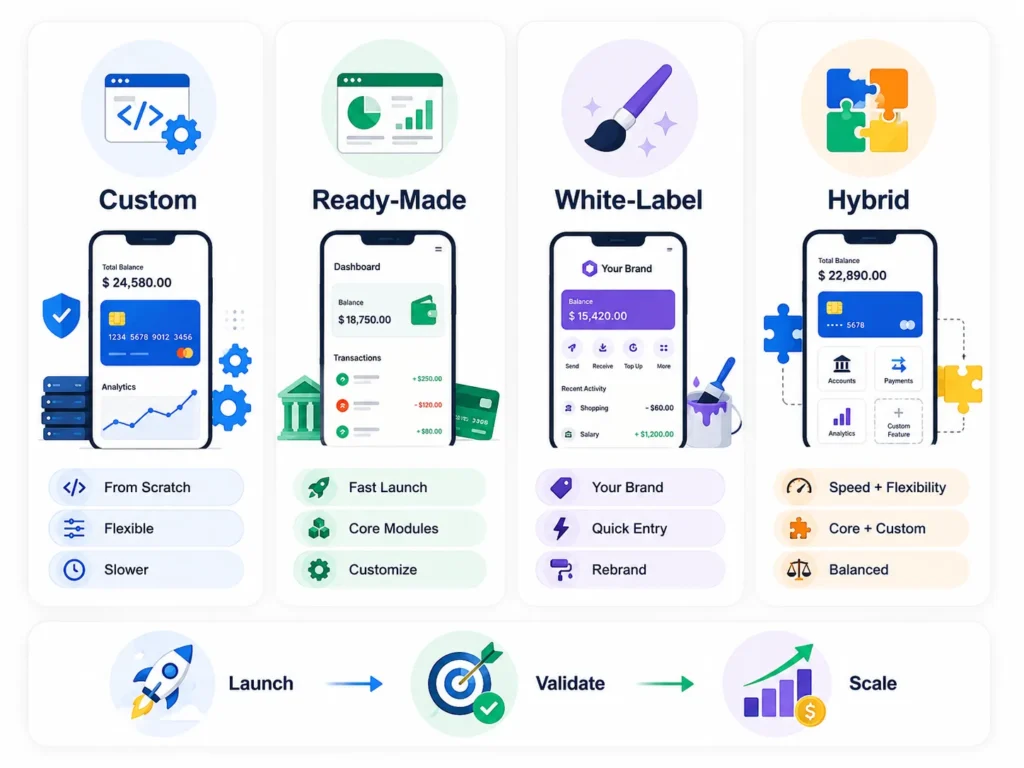 Fintech platform development approaches comparing custom, ready-made, white-label, and hybrid solutions for launch speed, flexibility, branding, and scalability