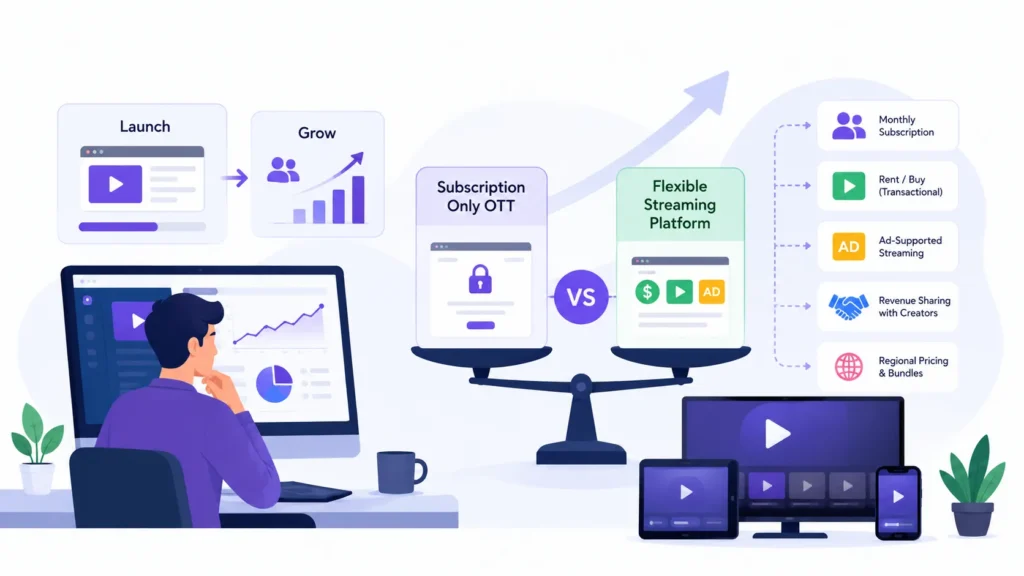 Flexible video streaming platform vs subscription-only OTT showing subscriptions, transactional rentals, ads, creator revenue sharing, and regional pricing