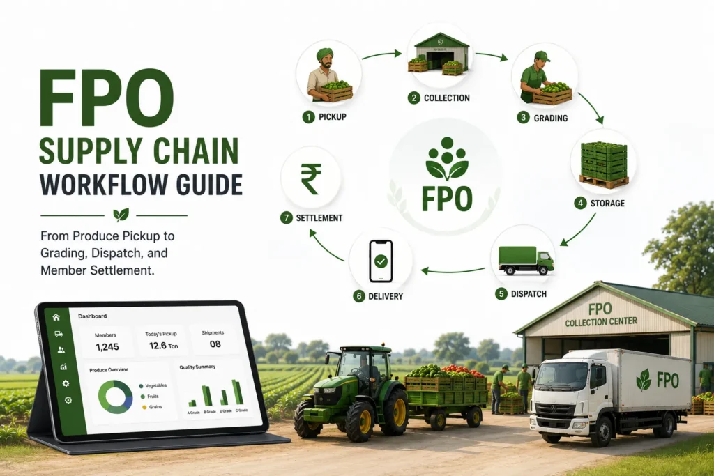 FPO supply chain workflow showing produce pickup, collection, grading, storage, dispatch, delivery, and member settlement.